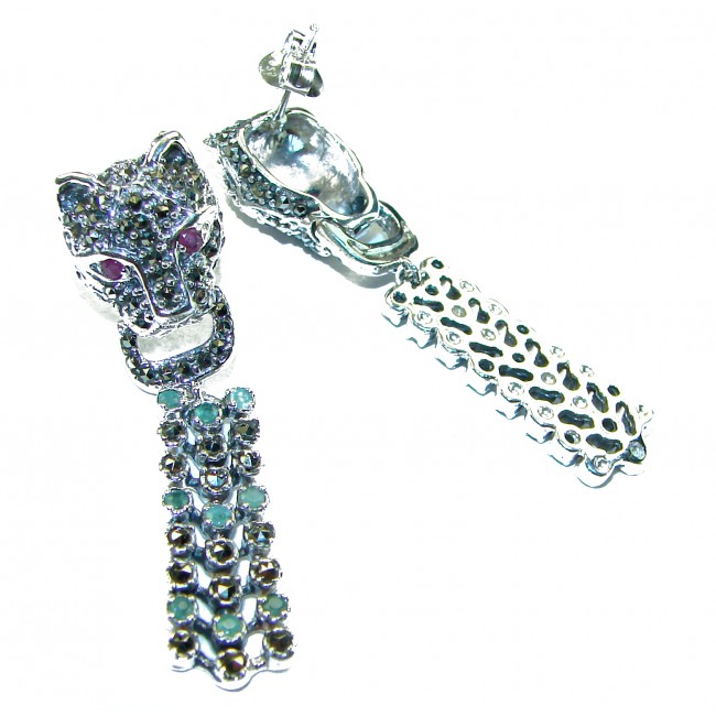 Panthère Ruby Emerald Sapphire Marcasite .925 Sterling Silver earrings