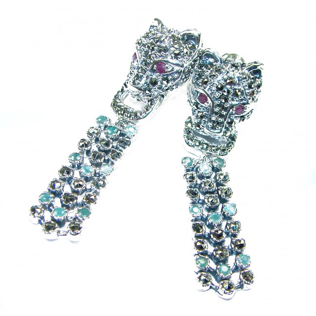Panthère Ruby Emerald Sapphire Marcasite .925 Sterling Silver earrings