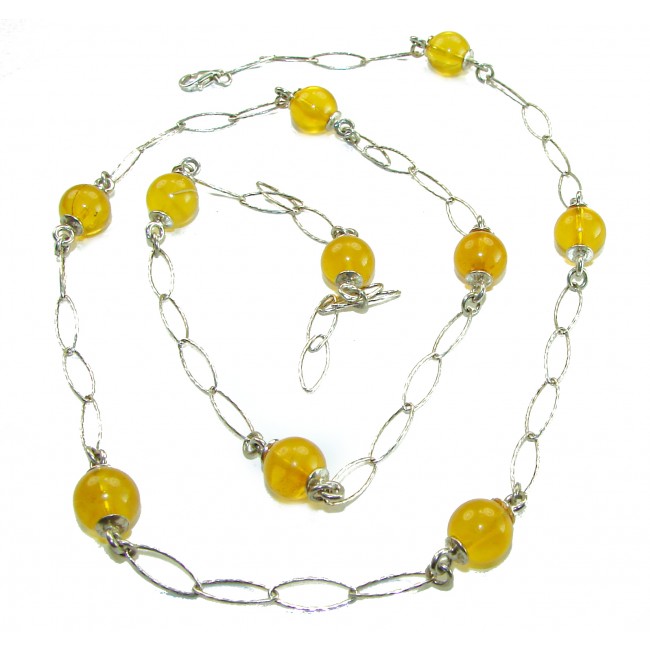 Dazzling vintage natural Baltic Amber .925 Sterling Silver handcrafted station necklace - Necklace close-up with yellow amber beads and sterling silver chain
