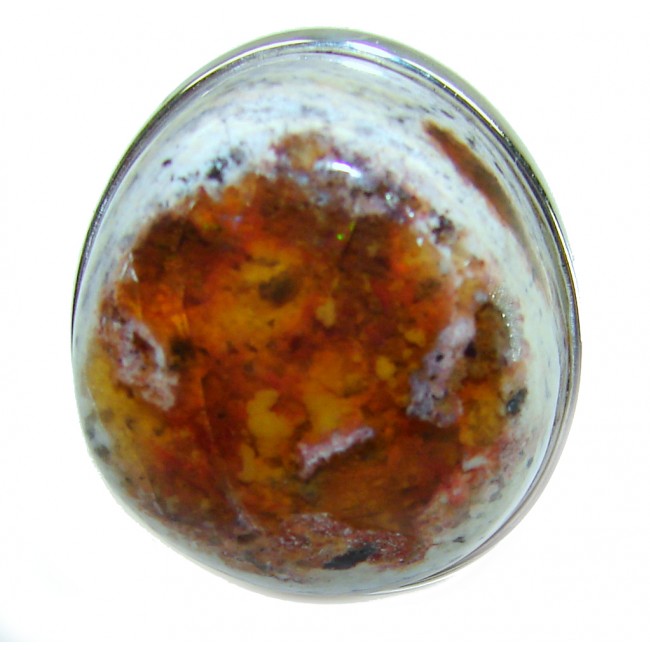 Queen of Fire best quality 22.4 carat Mexican Opal .925 Sterling Silver handmade ring 8 adjustable - Close-up of Queen of Fire Mexican Opal stone in silver setting.