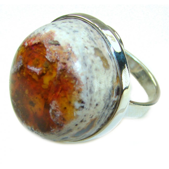 Queen of Fire best quality 22.4 carat Mexican Opal .925 Sterling Silver handmade ring 8 adjustable - Close-up of Queen of Fire Mexican Opal ring in .925 silver setting.