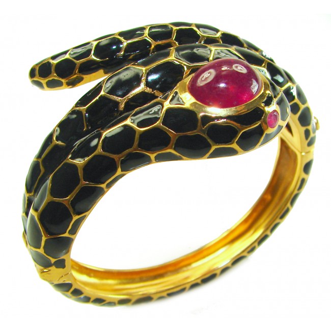 Huge Black Cobra Snake Genuine 8.2 carat natural Kashmir Ruby INLAY ONYX 18K Gold over .925 Sterling Silver handcrafted Bracelet