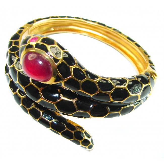 Huge Black Cobra Snake Genuine 8.2 carat natural Kashmir Ruby INLAY ONYX 18K Gold over .925 Sterling Silver handcrafted Bracelet