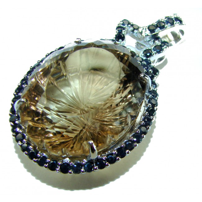 Esmeralda Authentic 45.5 carat carved Smoky Topaz SAPPHIRE .925 Sterling Silver handmade Pendant