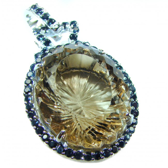 Esmeralda Authentic 45.5 carat carved Smoky Topaz SAPPHIRE .925 Sterling Silver handmade Pendant