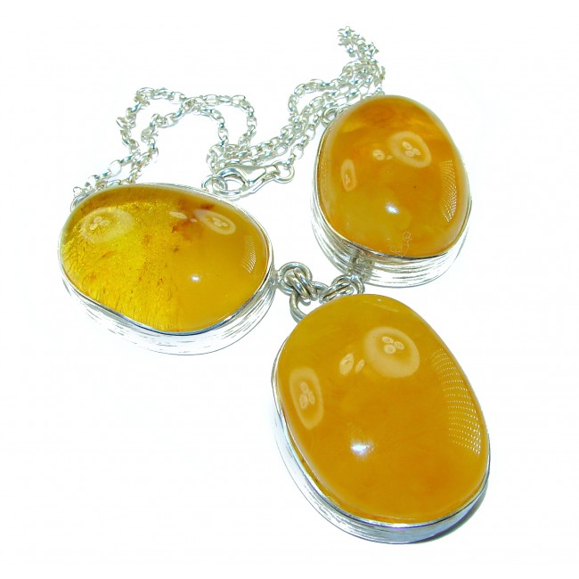Dazzling 128.2 carat natural Baltic Amber .925 Sterling Silver handcrafted necklace - Close-up of Baltic amber necklace in sterling silver settings