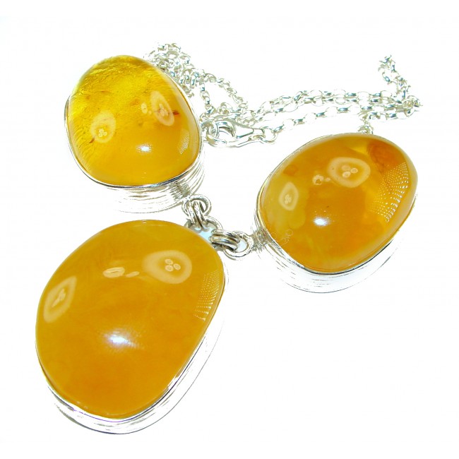 Dazzling 128.2 carat natural Baltic Amber .925 Sterling Silver handcrafted necklace - Close-up of Baltic Amber necklace in .925 Sterling Silver setting.