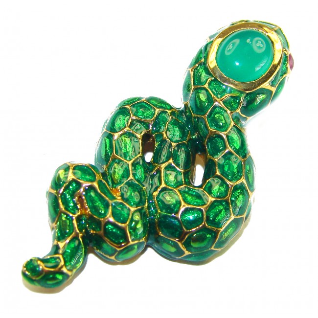 INCREDIBLE Natural Emerald Enamel Snake 14K Gold over .925 Sterling Silver Pendant - Emerald enamel snake brooch, top view, gold accents over silver.
