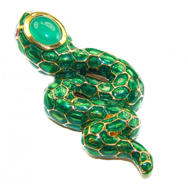 INCREDIBLE Natural Emerald Enamel Snake 14K Gold over .925 Sterling Silver Pendant - Emerald enamel snake brooch, top view, gold detail.
