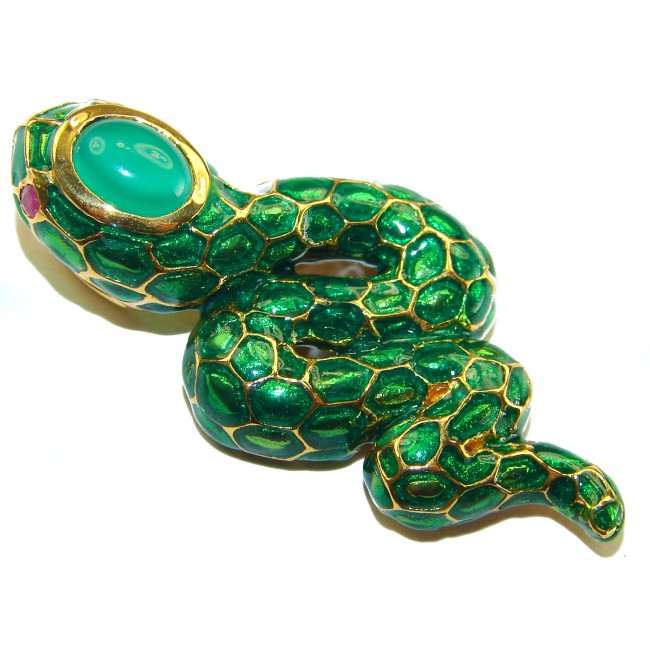 INCREDIBLE Natural Emerald Enamel Snake 14K Gold over .925 Sterling Silver Pendant - Top view of emerald enamel snake brooch with gold detailing