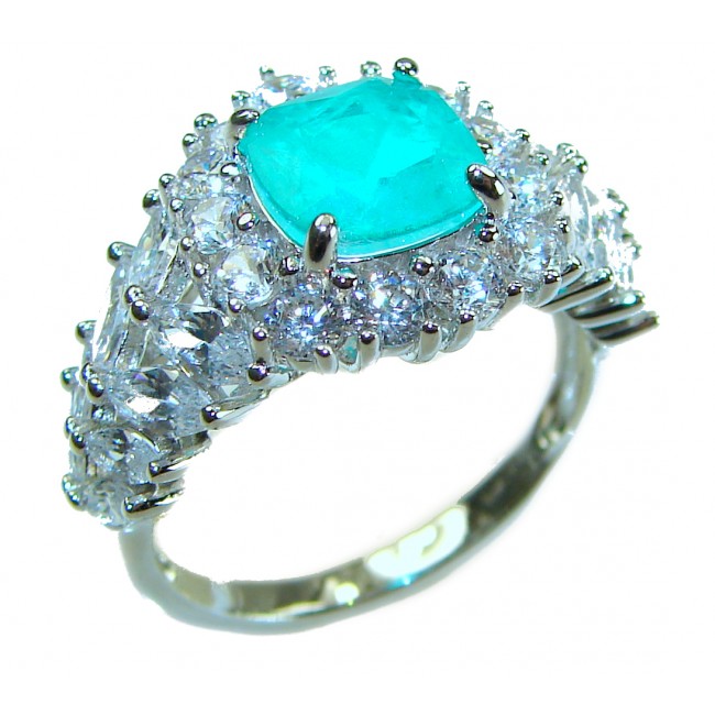 Square Cut 3.8 ctw Paraiba Tourmaline .925 Sterling Silver handcrafted Statement Ring size 8 1/2