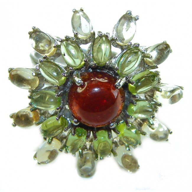 Bella Rosa Natural 18.4 carat Ruby .925 Sterling Silver handmade Large Statement Ring size 9 1/4 - Close-up of Bella Rosa Ruby with green gemstones in sterling silver setting