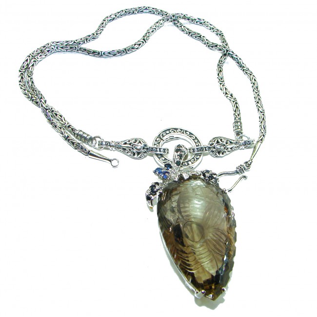 Nirvana - Outstanding quality carved 52.5 carat Smoky Topaz .925 Sterling Silver handcrafted Statement necklace