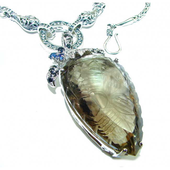 Nirvana - Outstanding quality carved 52.5 carat Smoky Topaz .925 Sterling Silver handcrafted Statement necklace