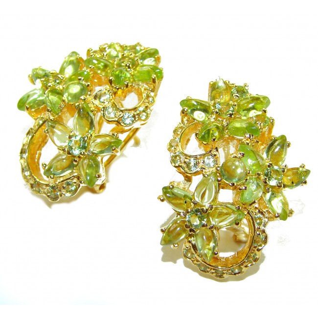 Marigolds authentic 21.5 carat Peridot 14K Gold over .925 Sterling Silver handcrafted Statement earrings - Pair of floral Peridot earrings, 14K gold, top view.