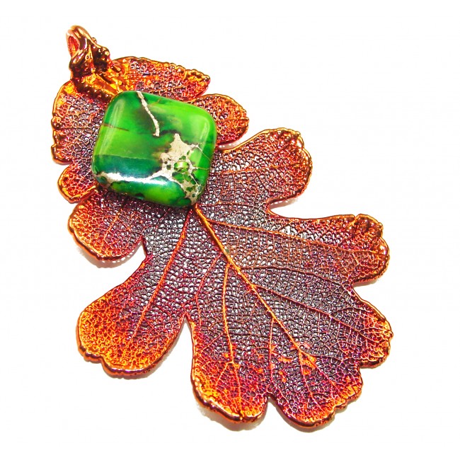 Rain Drop REAL Leaf dipped in copper Sea sediment Jasper & .925 Sterling Silver Pendant