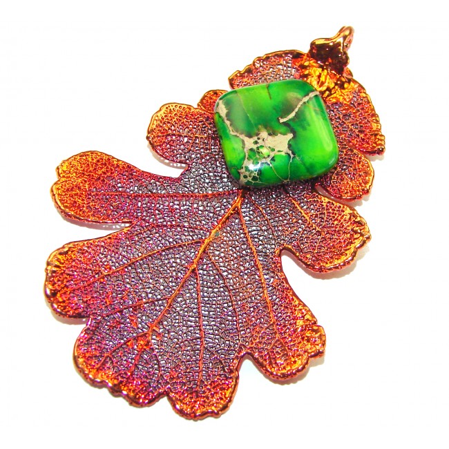 Rain Drop REAL Leaf dipped in copper Sea sediment Jasper & .925 Sterling Silver Pendant