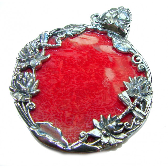 Enchanted Rose garden Authentic Coral .925 Sterling Silver handmade pendant