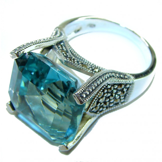 U R my LOve Angel Blue 21.8 carat Swiss Blue Toapz .925 Sterling Silver handcrafted Large ring size 8 - Side view of silver ring with large Swiss blue topaz stone.