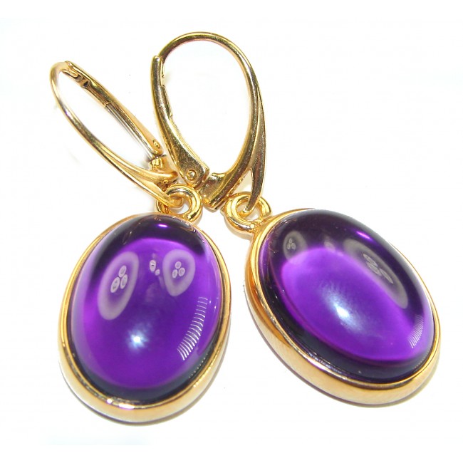Lavender Beauty authentic 10.2 carat Amethyst 14K Gold over .925 Sterling Silver handcrafted earrings - Close-up of Lavender Beauty amethyst earrings with gold setting.