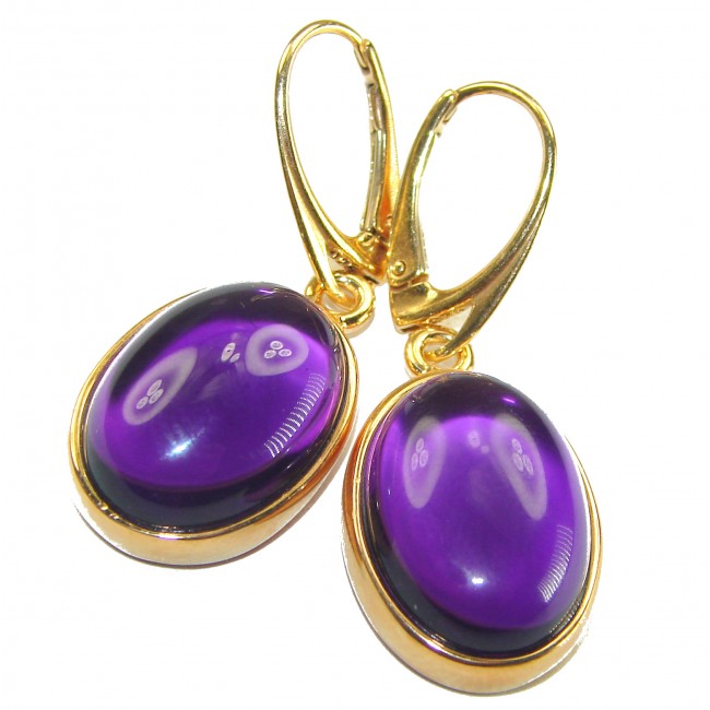 Lavender Beauty authentic 10.2 carat Amethyst 14K Gold over .925 Sterling Silver handcrafted earrings - Close-up of Lavender Beauty Amethyst earrings with gold lever-back clasps.