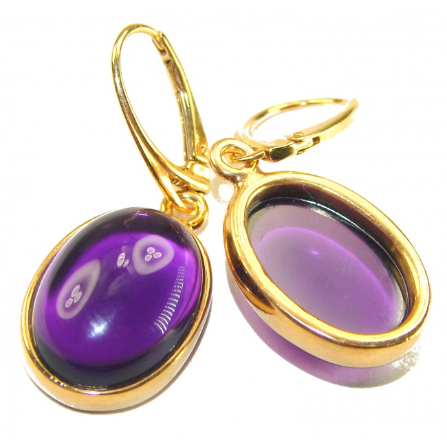 Lavender Beauty authentic 10.2 carat Amethyst 14K Gold over .925 Sterling Silver handcrafted earrings - Amethyst earrings close-up, gold setting, oval design.