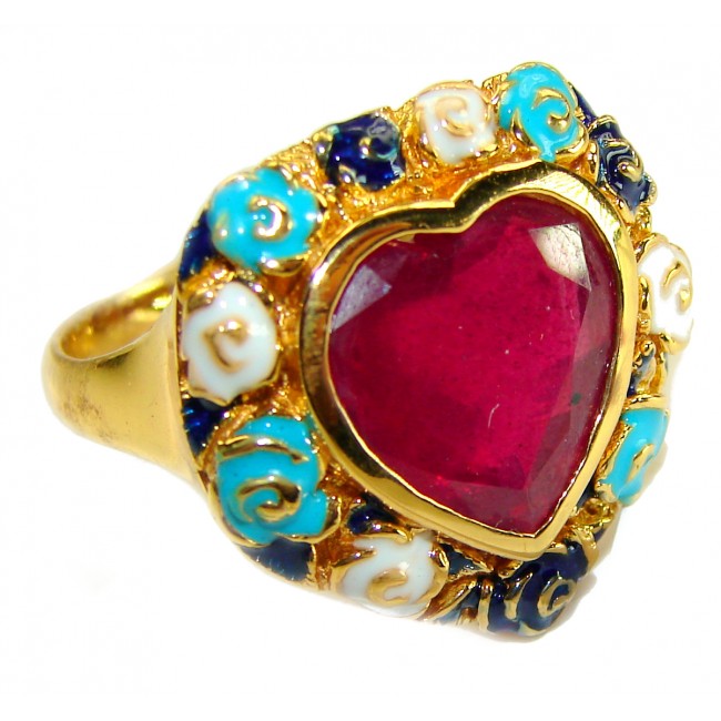 Golden Heart 12.2 carat Amber enamel 14K Gold over .925 Sterling Silver Handcrafted Ring size 7 3/4 - photo 3