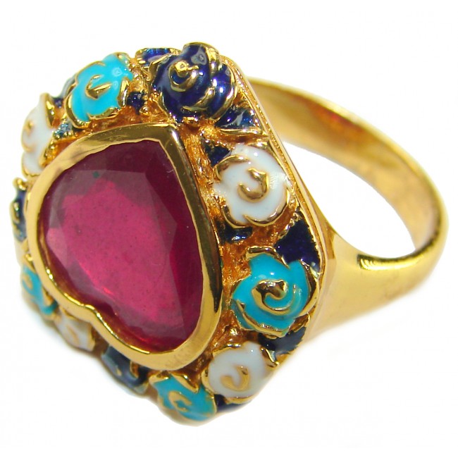 Golden Heart 12.2 carat Amber enamel 14K Gold over .925 Sterling Silver Handcrafted Ring size 7 3/4 - photo 1