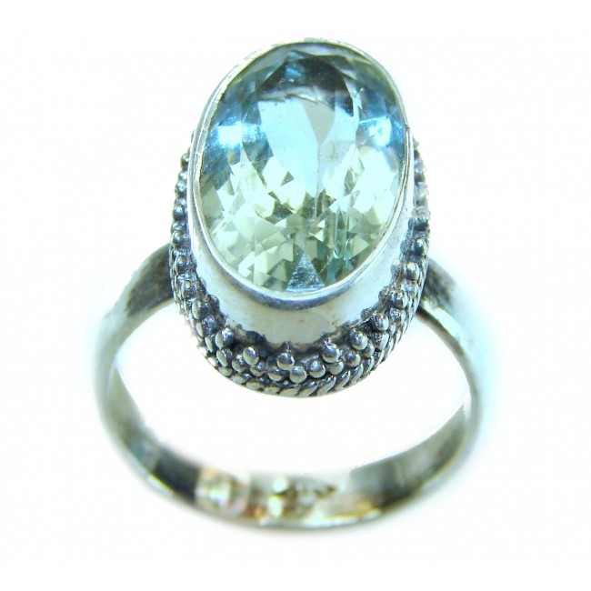 Green Ivy 6.2 CARAT Green Amethyst Prasolite .925 Sterling Silver handmade Ring s. 8 - Close-up of Green Amethyst ring with textured sterling silver setting.