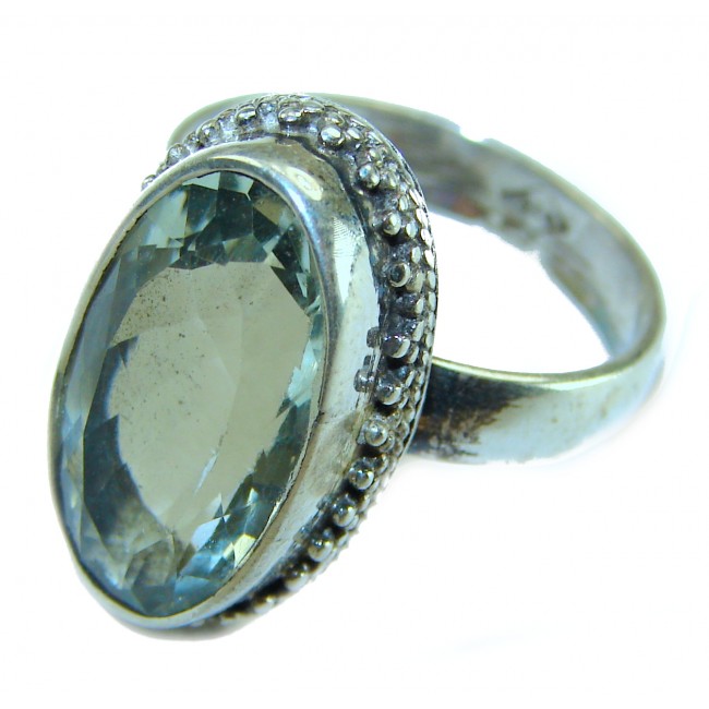 Green Ivy 6.2 CARAT Green Amethyst Prasolite .925 Sterling Silver handmade Ring s. 8 - Green amethyst ring close-up, oval stone with sterling silver setting.