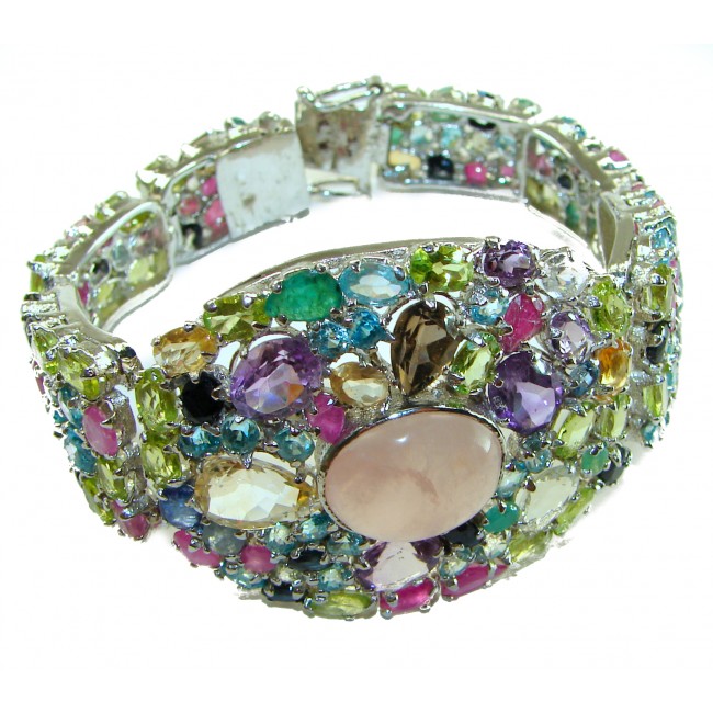 Pink Cascade authentic Italy made 125.5 carat Rose Quartz .925 Sterling Silver handmade Statement Bracelet - Side view of Pink Cascade bracelet with multicolored gemstones.