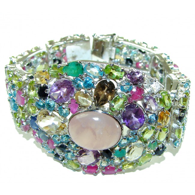 Pink Cascade authentic Italy made 125.5 carat Rose Quartz .925 Sterling Silver handmade Statement Bracelet - Colorful gemstone bracelet close-up with center rose quartz stone