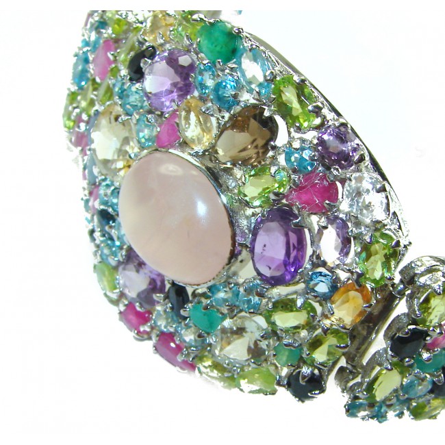 Pink Cascade authentic Italy made 125.5 carat Rose Quartz .925 Sterling Silver handmade Statement Bracelet - Colorful gemstone bracelet, side angle with rose quartz centerpiece.