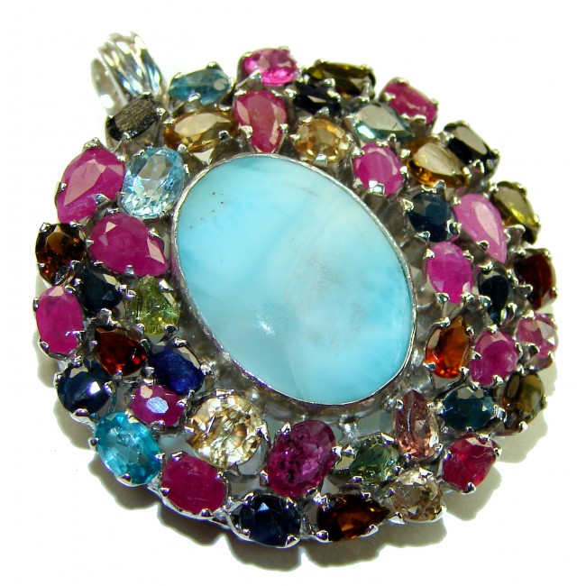 One of a kind Genuine 38.5 carat Larimar Tourmaline .925 Sterling Silver handmade Pendant - Brooch - Oval Larimar pendant with colorful gemstones, top view.