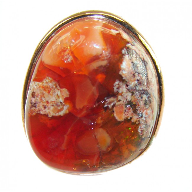 Inner Fire 25.5 carat Authentic Mexican Opal 14K Gold over .925 Sterling Silver handcrafted ring size 7 adjustable - Close-up of 25.5 carat Mexican Opal set in 14K gold.