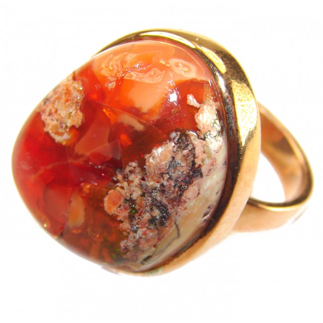 Inner Fire 25.5 carat Authentic Mexican Opal 14K Gold over .925 Sterling Silver handcrafted ring size 7 adjustable - Close-up of Inner Fire Mexican Opal ring with 14K gold setting.