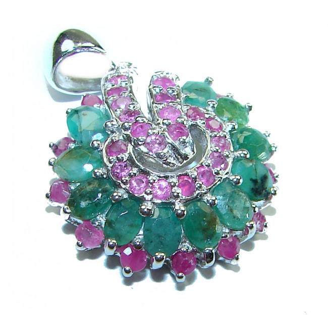 Treasure 11.5 carat Emerald Ruby .925 Sterling Silver handcrafted Pendant - Close-up of emerald and ruby pendant in sterling silver.