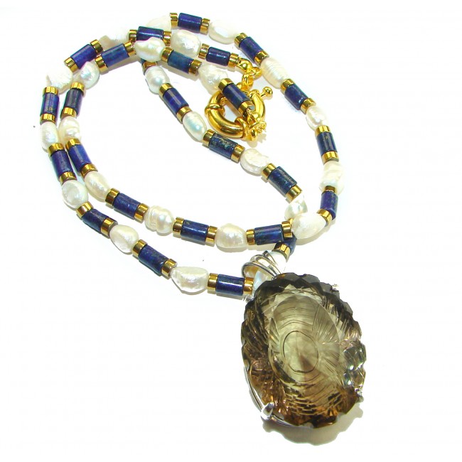 Truly Outstanding LARGE carved Smoky Topaz 14k Gold over .925 Sterling Silver handcrafted Statement necklace - photo 3