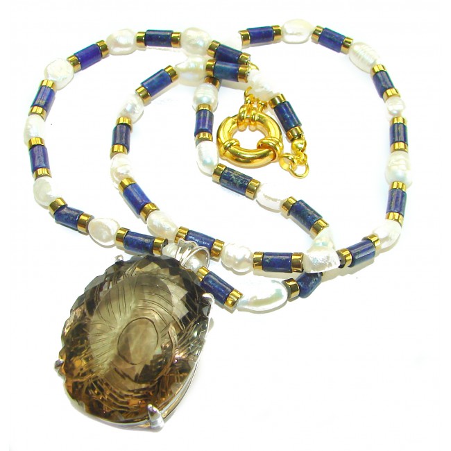 Truly Outstanding LARGE carved Smoky Topaz 14k Gold over .925 Sterling Silver handcrafted Statement necklace - photo 2