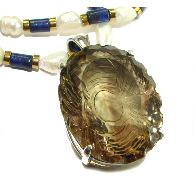 Truly Outstanding LARGE carved Smoky Topaz 14k Gold over .925 Sterling Silver handcrafted Statement necklace - photo 1