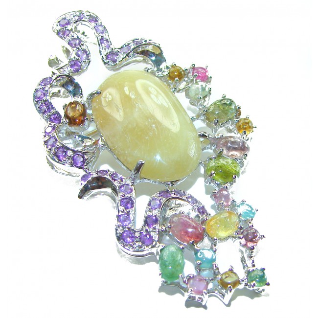 Vintage Design 23.9 Natural Golden Yellow Sapphire .925 Sterling Silver handcrafted Pendant Brooch