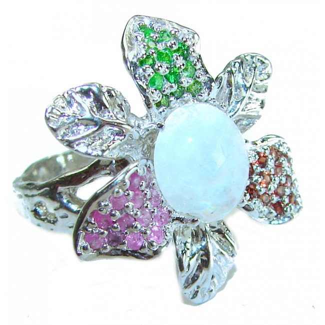 Floral design 4.9 carat Rainbow Moonstone .925 Sterling Silver handmade ring s. 8