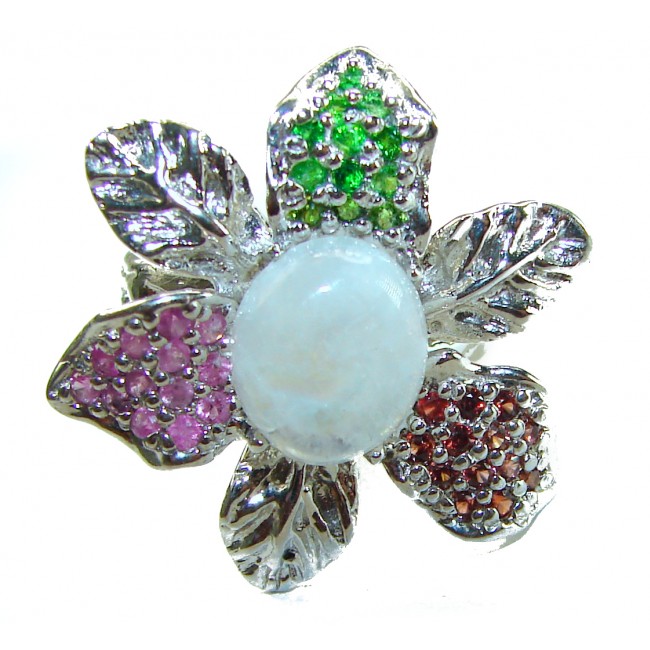 Floral design 4.9 carat Rainbow Moonstone .925 Sterling Silver handmade ring s. 8