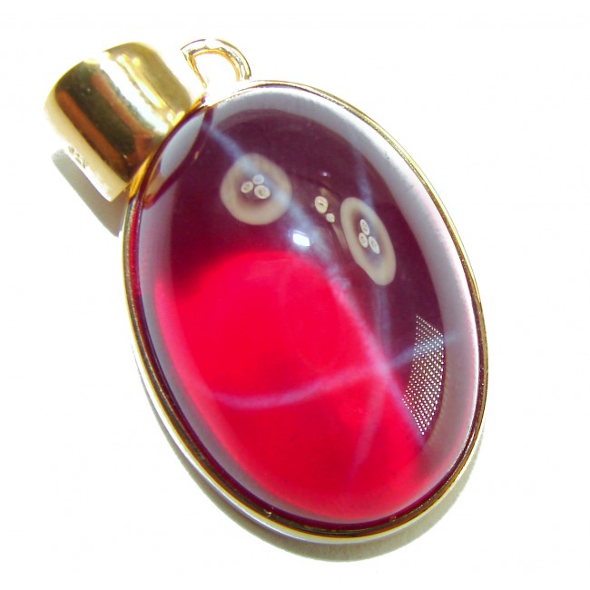 Francesca- authentic 29.5 carat Star Ruby 18K Gold over .925 Sterling Silver handcrafted Pendant - Star Ruby pendant, close-up, 18K gold setting, red with star pattern.