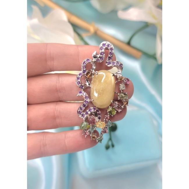 Vintage Design 23.9 Natural Golden Yellow Sapphire .925 Sterling Silver handcrafted Pendant Brooch