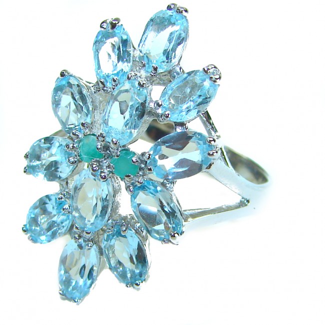 Eau Pure 12.5 carat AQUAMARINE .925 Sterling Silver Handcrafted Ring size 8 - Aquamarine flower ring in side view, set in .925 sterling silver.