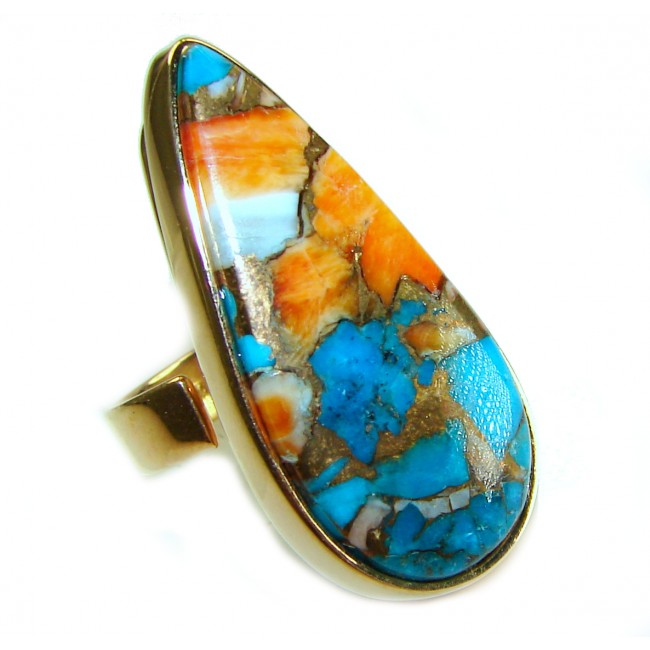 Rare 27.5 carat Oyster Turquoise 18K Gold over .925 Sterling Silver handcrafted Large ring; s. 7 adjustable