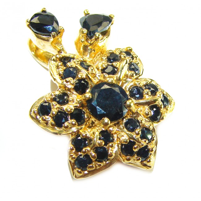 Authentic 10.5 carat faceted Sapphire 14K Gold over .925 Sterling Silver handcrafted Statement Pendant - Close-up of faceted sapphire flower design in 14K gold over .925 silver.