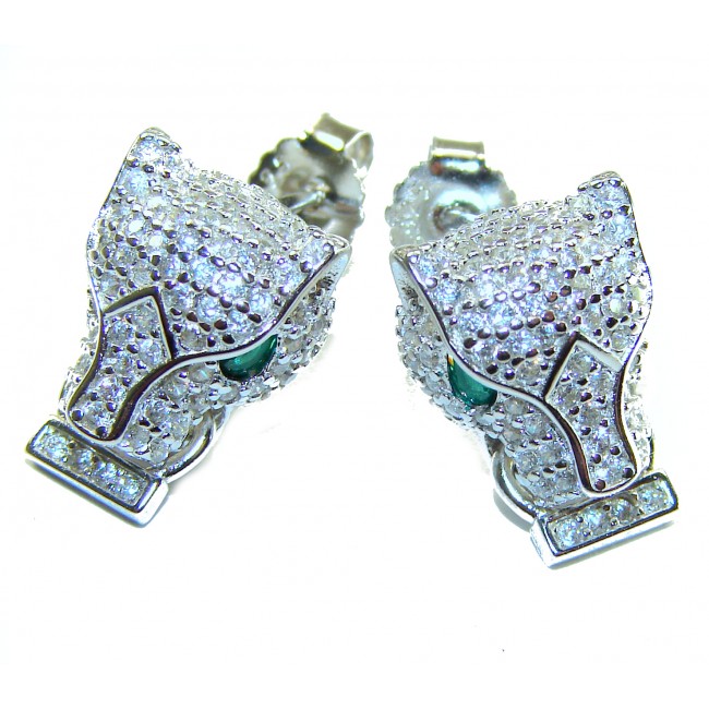 Precious Panthers 0.4 carat Emerald White Sapphire .925 Sterling Silver earrings - Close-up of Precious Panthers earrings, emerald eyes, white sapphires.
