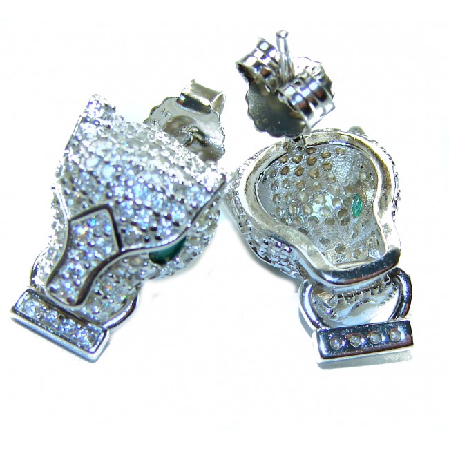 Precious Panthers 0.4 carat Emerald White Sapphire .925 Sterling Silver earrings - Close-up of Precious Panthers earrings with emerald and white sapphires.